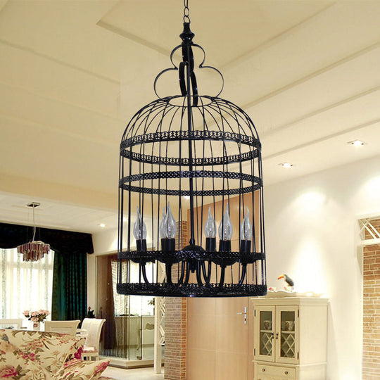 Industrial Style Bird Cage Hanging Light with Candle - Black Metallic Chandelier Lamp for Bedroom - 3/6 Bulbs