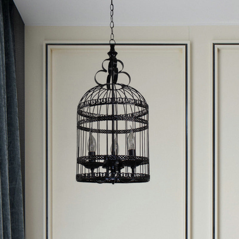 Industrial Style Bird Cage Hanging Light with Candle - Black Metallic Chandelier Lamp for Bedroom - 3/6 Bulbs