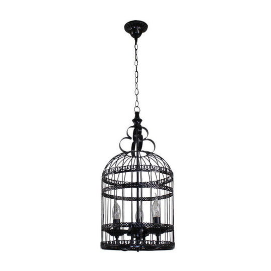 Industrial Style Bird Cage Hanging Light with Candle - Black Metallic Chandelier Lamp for Bedroom - 3/6 Bulbs