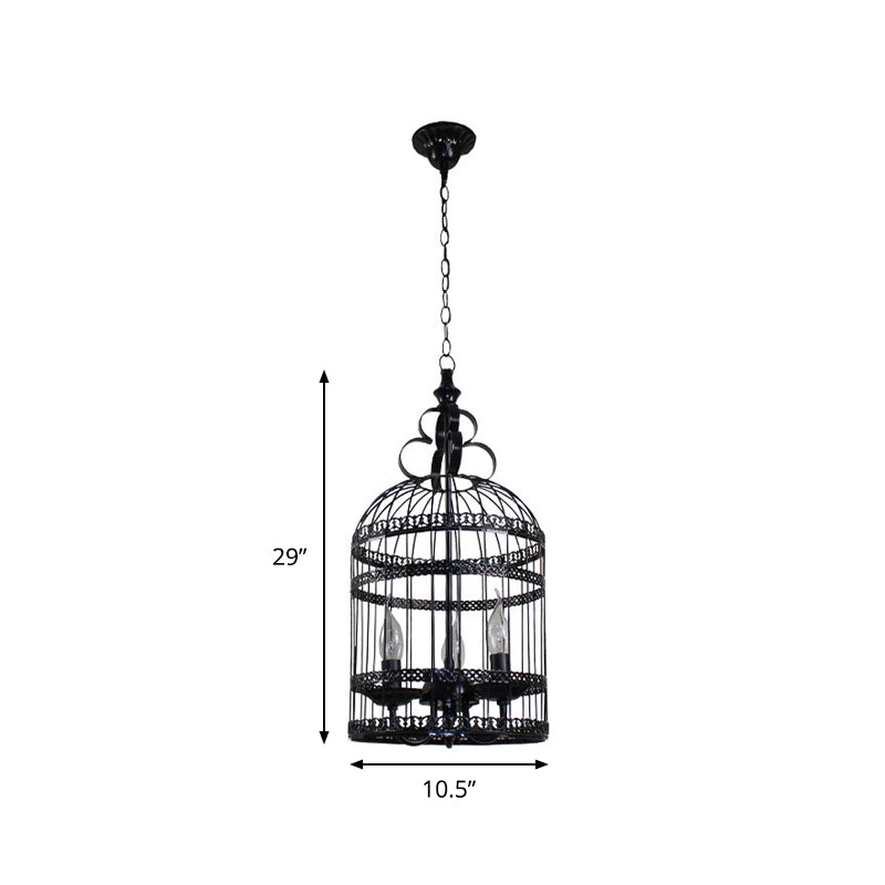 Industrial Style Bird Cage Hanging Light with Candle - Black Metallic Chandelier Lamp for Bedroom - 3/6 Bulbs