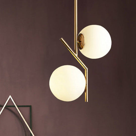 Contemporary Gold Angle Linear Chandelier Lighting - 2 Lights, White Glass Sphere Shade, Metal Hanging Lamp Fixture