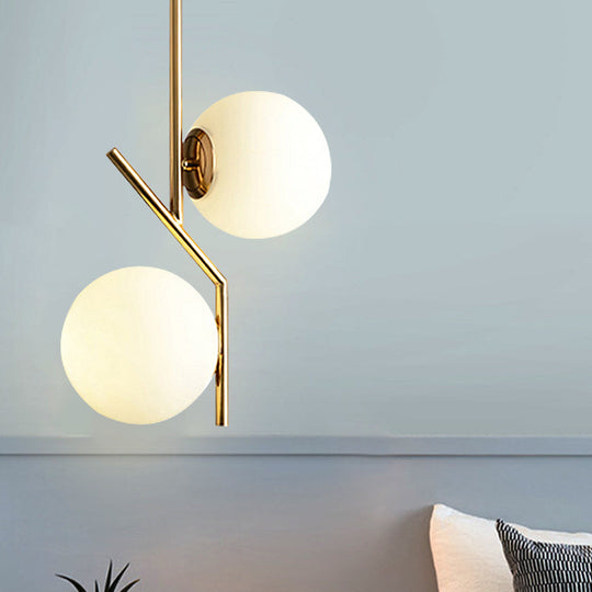 Contemporary Gold Angle Linear Chandelier Lighting - 2 Lights, White Glass Sphere Shade, Metal Hanging Lamp Fixture