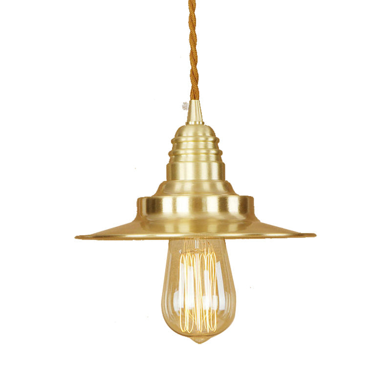 Retro Style Metal Brass Finish Pendant Light with Flat Shade - 1-Light Ceiling Fixture for Table