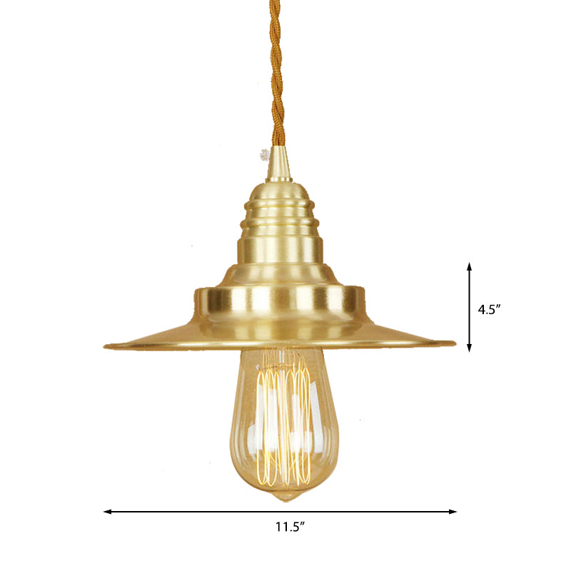 Retro Style Metal Brass Finish Pendant Light with Flat Shade - 1-Light Ceiling Fixture for Table