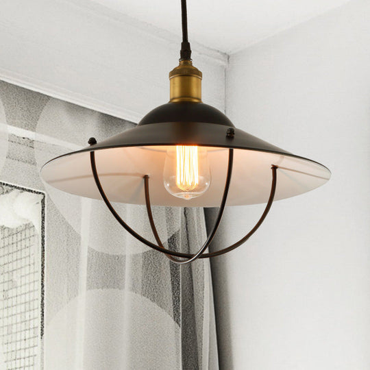 Metal Pendant Light Fixture: Saucer Shade, 1 Light, Black Finish