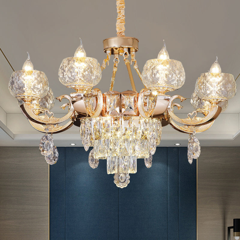 Contemporary Crystal Chandelier Lamp - 6/8 Bulbs Gold Drop Pendant with Clear Bowl Shade and Candle Design