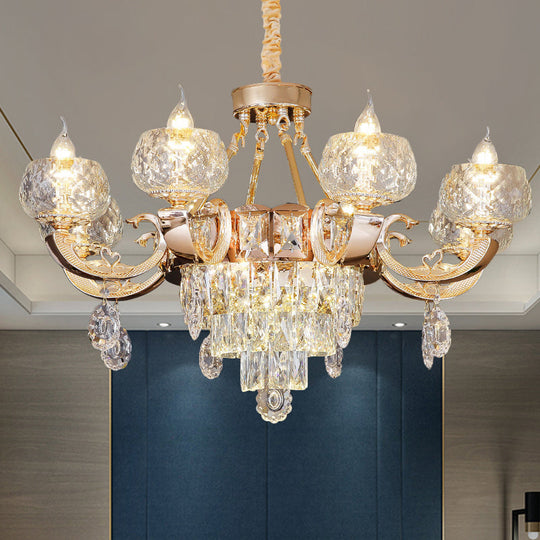 Contemporary Crystal Chandelier Lamp - 6/8 Bulbs Gold Drop Pendant with Clear Bowl Shade and Candle Design