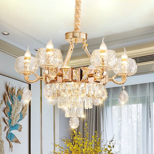 Contemporary Crystal Chandelier Lamp - 6/8 Bulbs Gold Drop Pendant with Clear Bowl Shade and Candle Design