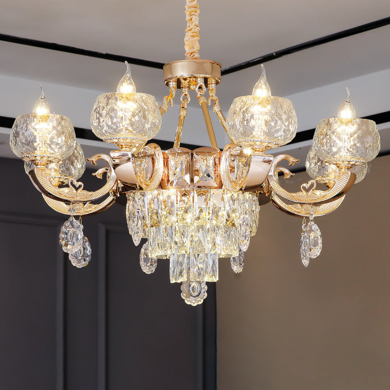 Contemporary Crystal Chandelier Lamp - 6/8 Bulbs Gold Drop Pendant with Clear Bowl Shade and Candle Design