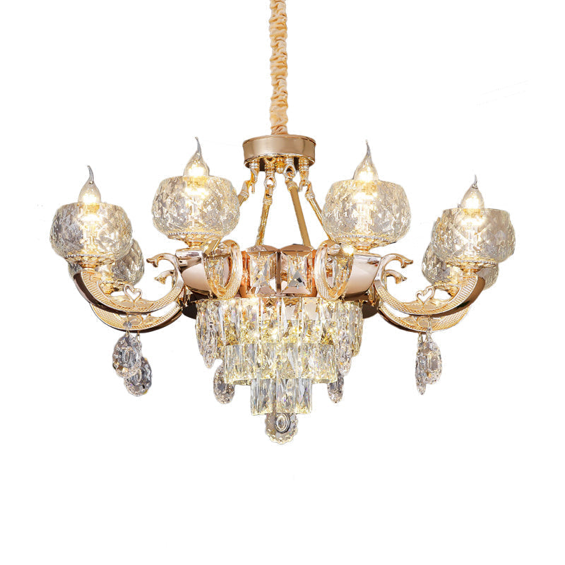 Contemporary Crystal Chandelier Lamp - 6/8 Bulbs Gold Drop Pendant with Clear Bowl Shade and Candle Design