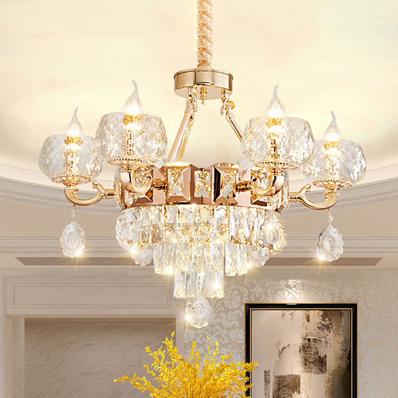 Contemporary Crystal Chandelier Lamp - 6/8 Bulbs Gold Drop Pendant with Clear Bowl Shade and Candle Design