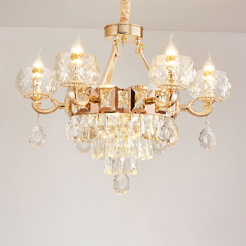 6/8 Bulbs Clear Crystal Gold Chandelier Pendant Lamp With Candle Design