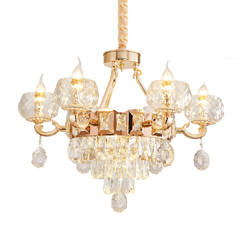 Contemporary Crystal Chandelier Lamp - 6/8 Bulbs Gold Drop Pendant with Clear Bowl Shade and Candle Design