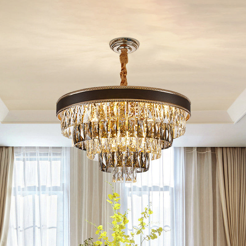 Modern Crystal Tapered Suspension Pendant Light - 14"/21.5" Wide Black Chandelier with 6/9 Bulbs