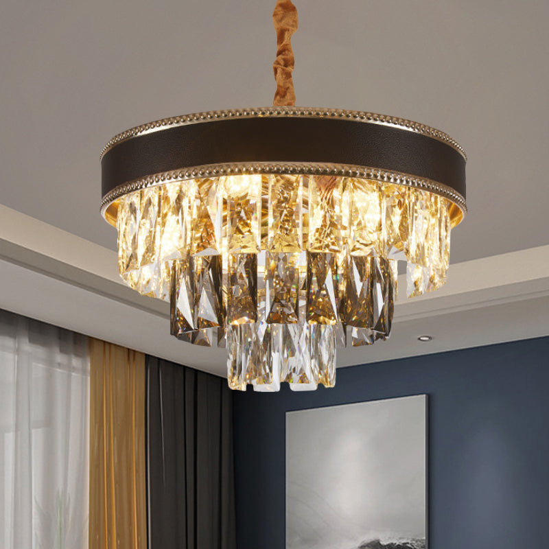 Modern Crystal Tapered Suspension Pendant Light - 14"/21.5" Wide Black Chandelier with 6/9 Bulbs