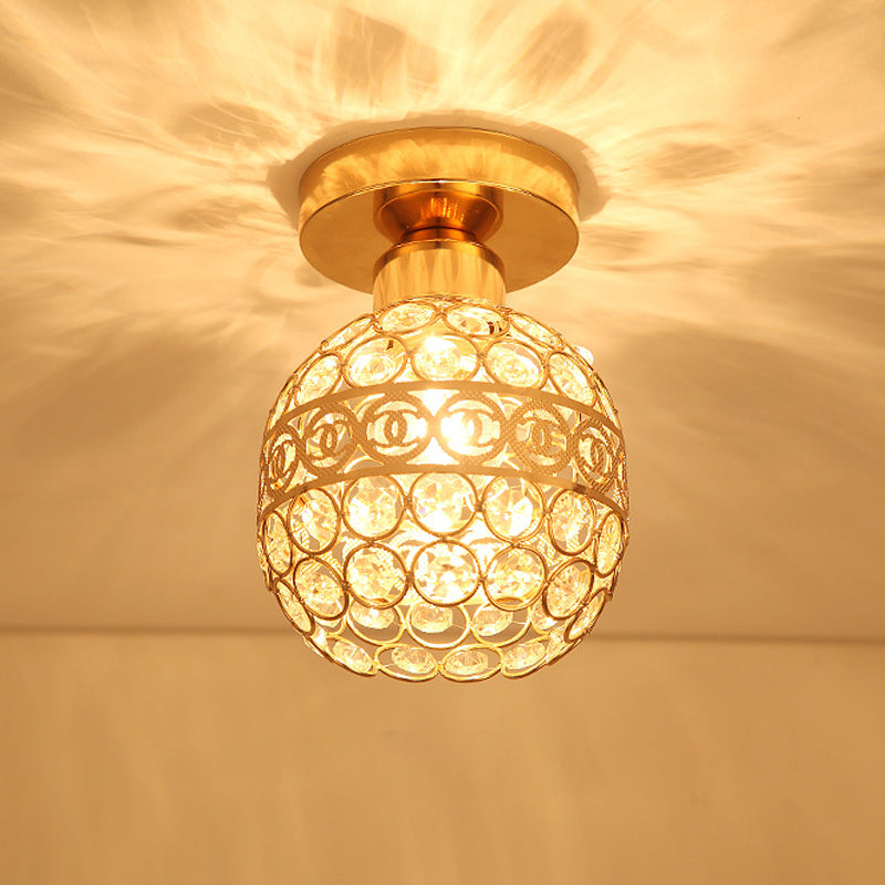 Modern Gold Crystal Shade Balcony Semi Mount Lighting - Globe/Square/Lantern Design, Close to Ceiling