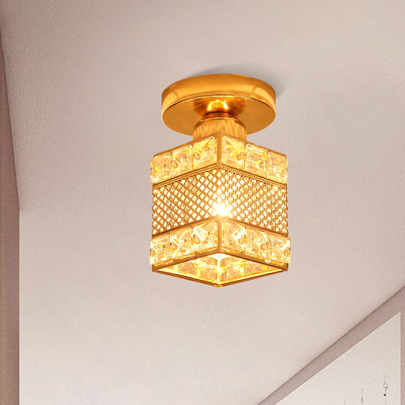 Modern Gold Crystal Shade Balcony Semi Mount Lighting - Globe/Square/Lantern Design, Close to Ceiling