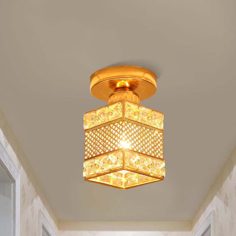 Modern Gold Crystal Shade Balcony Semi Mount Lighting - Globe/Square/Lantern Design, Close to Ceiling