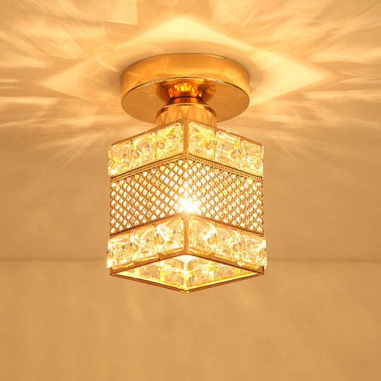 Modern Gold Crystal Shade Balcony Semi Mount Lighting - Globe/Square/Lantern Design, Close to Ceiling