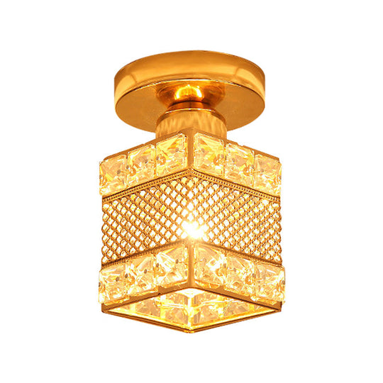 Modern Gold Crystal Shade Balcony Semi Mount Lighting - Globe/Square/Lantern Design, Close to Ceiling