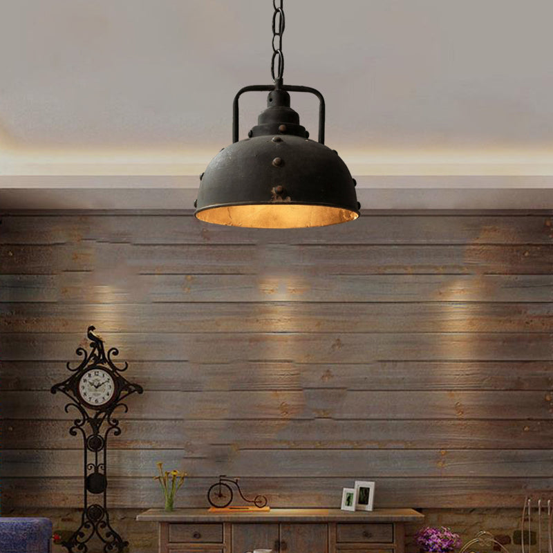 Country Rustic Style Antique Black Wrought Iron Pendant Light – 1-Light Dome Suspension