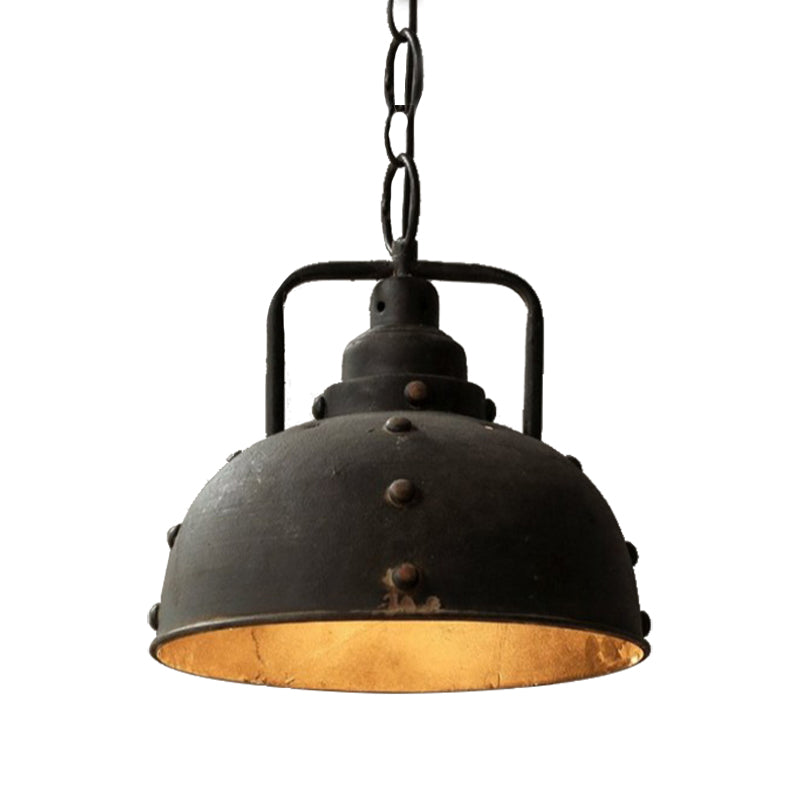 Country Rustic Style Antique Black Wrought Iron Pendant Light – 1-Light Dome Suspension