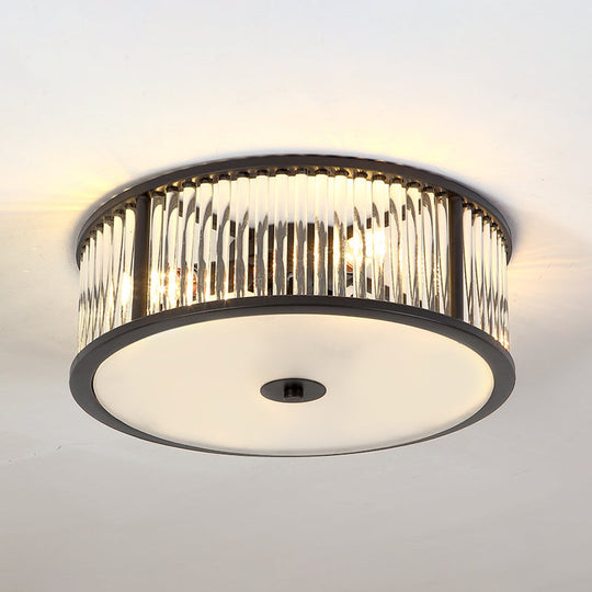 Modern Crystal Drum Flush Mount Lighting - Black/Gold With 3-4 Bulbs And Clear Shade 12/16 Wide