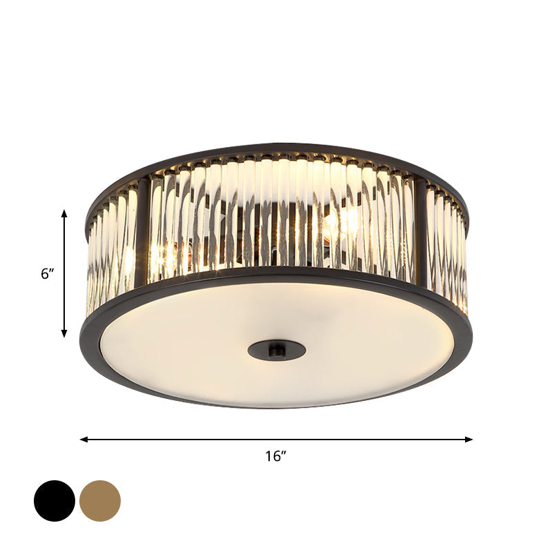 Modern Crystal Drum Flush Mount Lighting - Black/Gold With 3-4 Bulbs And Clear Shade 12/16 Wide