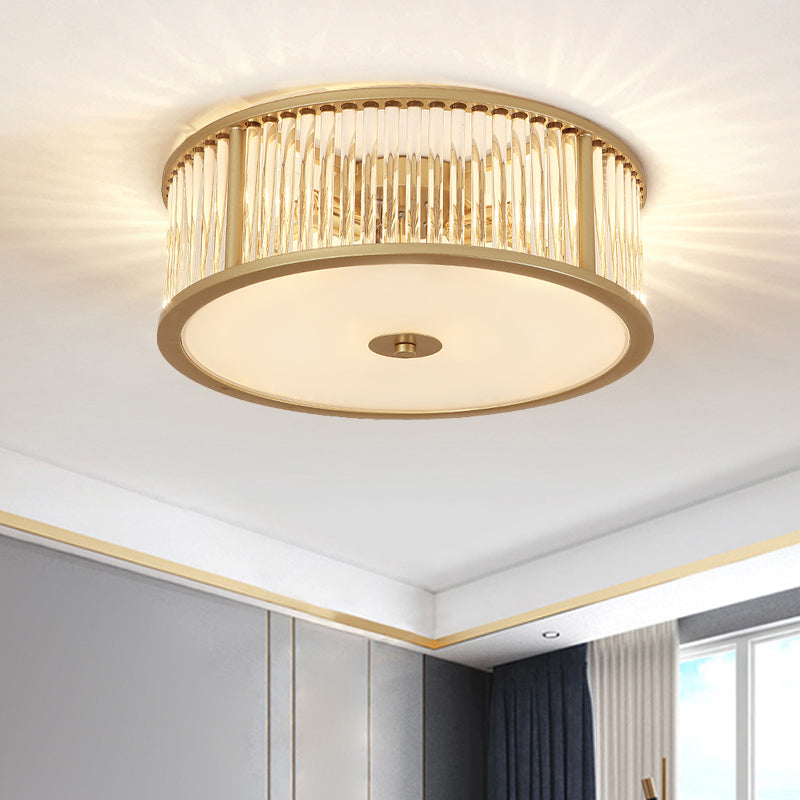 Modern Crystal Drum Flush Mount Lighting - Black/Gold With 3-4 Bulbs And Clear Shade 12/16 Wide Gold