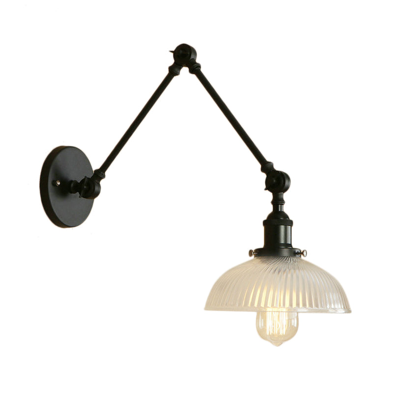 Industrial Antique Brass/Black/Rust Swing Arm Wall Sconce With Ribbed Glass Shade - Perfect Living