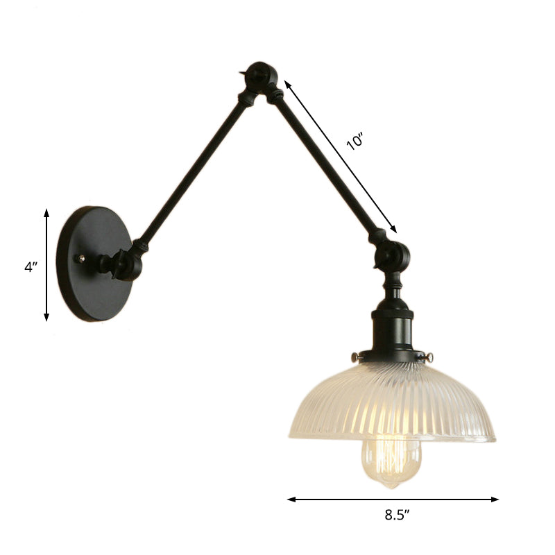 Industrial Antique Brass/Black/Rust Swing Arm Wall Sconce With Ribbed Glass Shade - Perfect Living