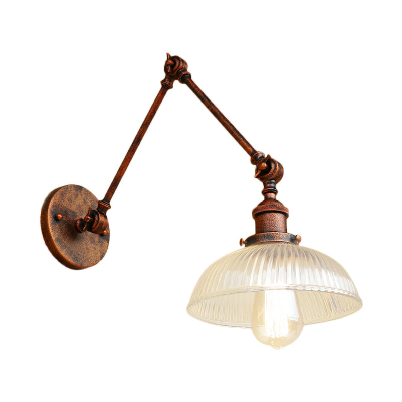 Industrial Antique Brass/Black/Rust Swing Arm Wall Sconce With Ribbed Glass Shade - Perfect Living