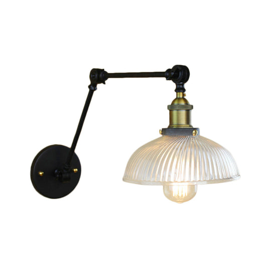 Industrial Antique Brass/Black/Rust Swing Arm Wall Sconce With Ribbed Glass Shade - Perfect Living