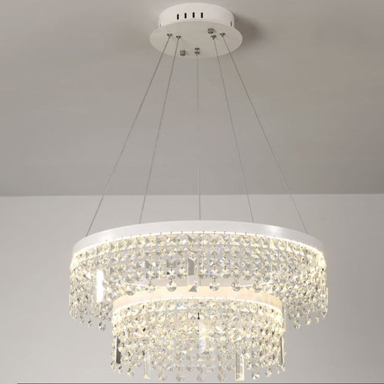 Contemporary Crystal LED Chandelier Lamp with Dual-Tiered Ring Design – Silver Suspension Lighting in Warm/White Light