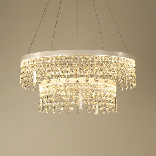 Contemporary Crystal LED Chandelier Lamp with Dual-Tiered Ring Design – Silver Suspension Lighting in Warm/White Light