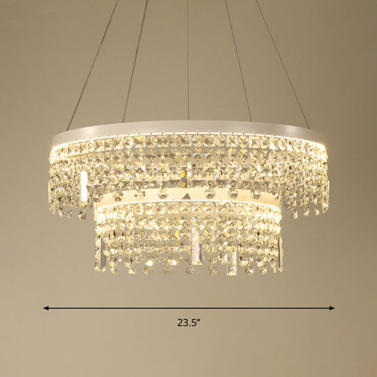 Contemporary Crystal LED Chandelier Lamp with Dual-Tiered Ring Design – Silver Suspension Lighting in Warm/White Light