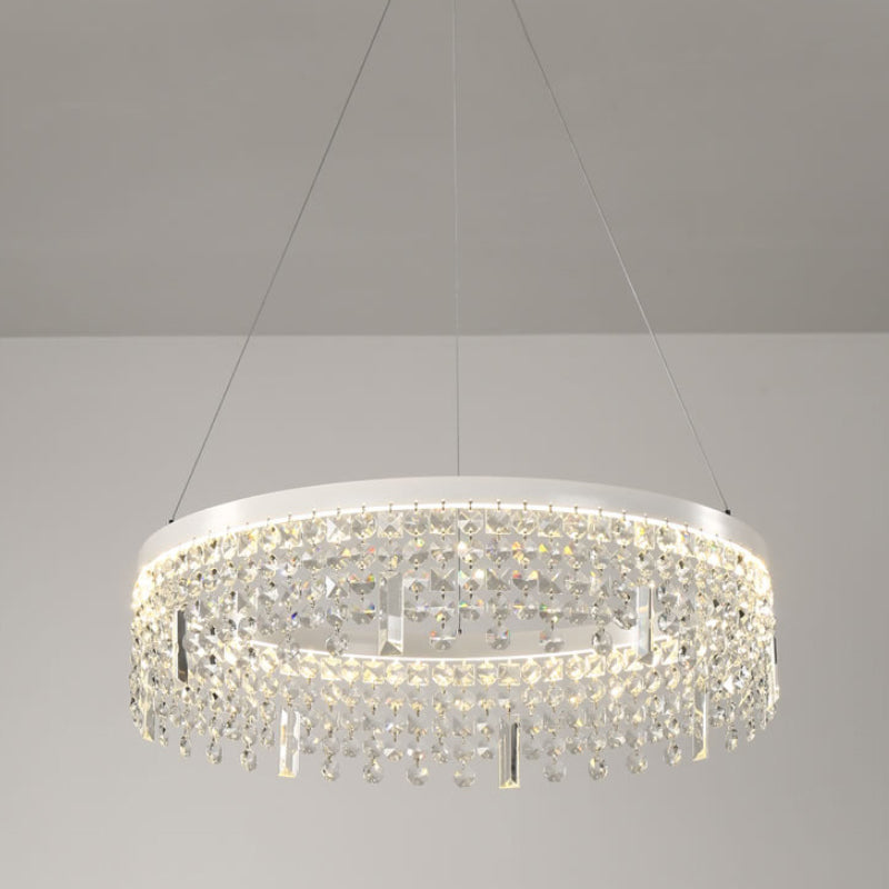 Contemporary Crystal LED Chandelier Lamp with Dual-Tiered Ring Design – Silver Suspension Lighting in Warm/White Light