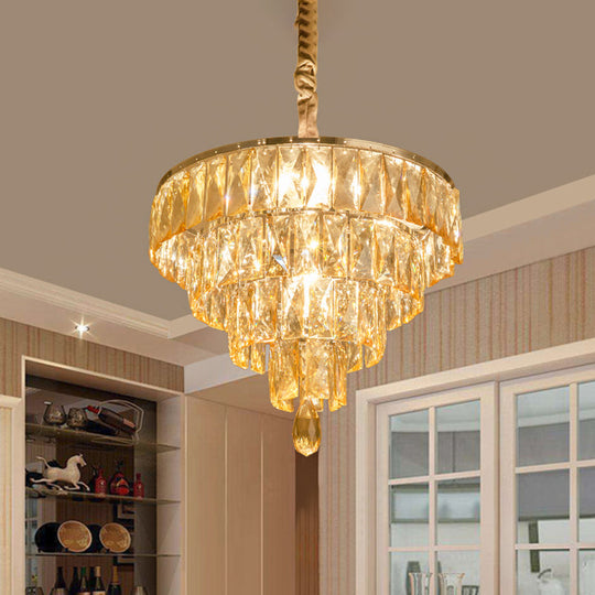 Modern Tapered Suspension Lamp With Clear Rectangle-Cut Crystal 4 Heads And Nickel Finish