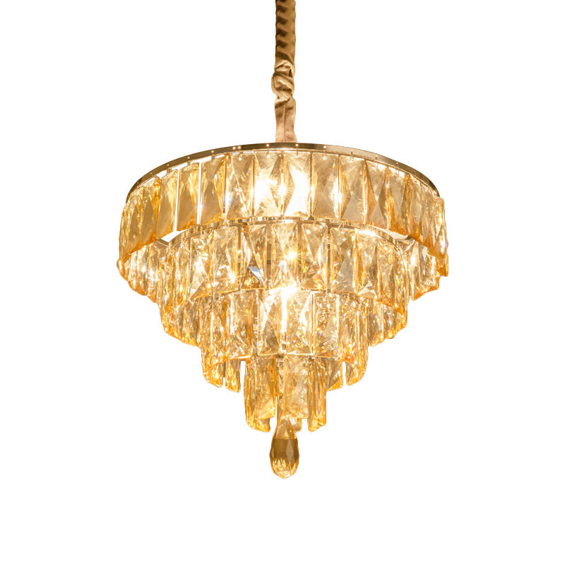 Contemporary Tapered Suspension Lamp - Clear Rectangle-Cut Crystal 4 Head Nickel Chandelier