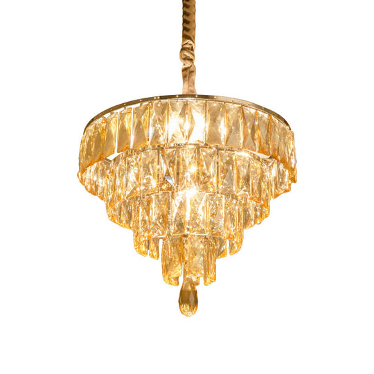 Modern Tapered Suspension Lamp With Clear Rectangle-Cut Crystal 4 Heads And Nickel Finish