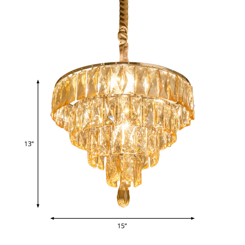 Modern Tapered Suspension Lamp With Clear Rectangle-Cut Crystal 4 Heads And Nickel Finish