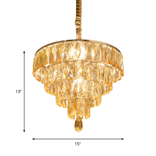 Modern Tapered Suspension Lamp With Clear Rectangle-Cut Crystal 4 Heads And Nickel Finish