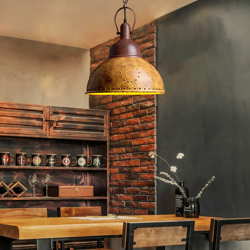 Yellow Iron Pendant Lamp With Domed Antique Design & Rivets For Restaurants