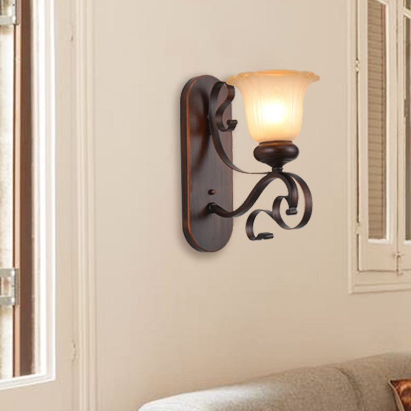 Single Bulb Brown Sconce Light With Countryside Frosted Glass Blossom Design And Scroll Arm - Wall