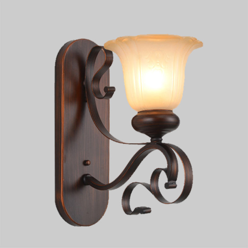 Single Bulb Brown Sconce Light With Countryside Frosted Glass Blossom Design And Scroll Arm - Wall