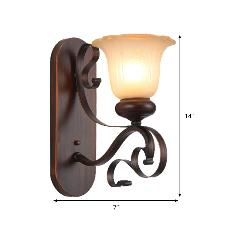 Single Bulb Brown Sconce Light With Countryside Frosted Glass Blossom Design And Scroll Arm - Wall