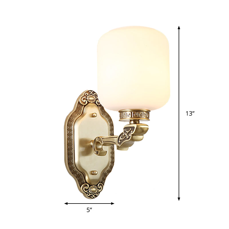 Modern White Glass Brass Wall Sconce - 1-Light Farmhouse Lamp For Drawing Room