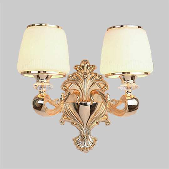 Opal Glass Sconce Lamp 1/2-Light Wall Fixture With Curvy Brass Arm For Classic Living Room Lighting