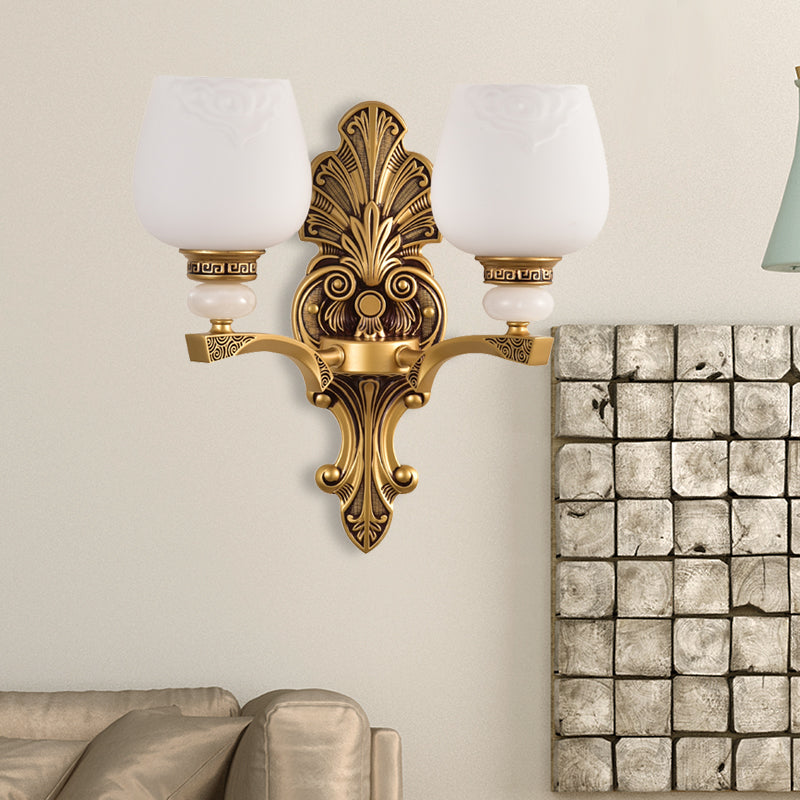 Antiqued White Glass Cup Wall Sconce - Brass 1/2 Heads Mount Lamp For Bedroom Lighting 2 /