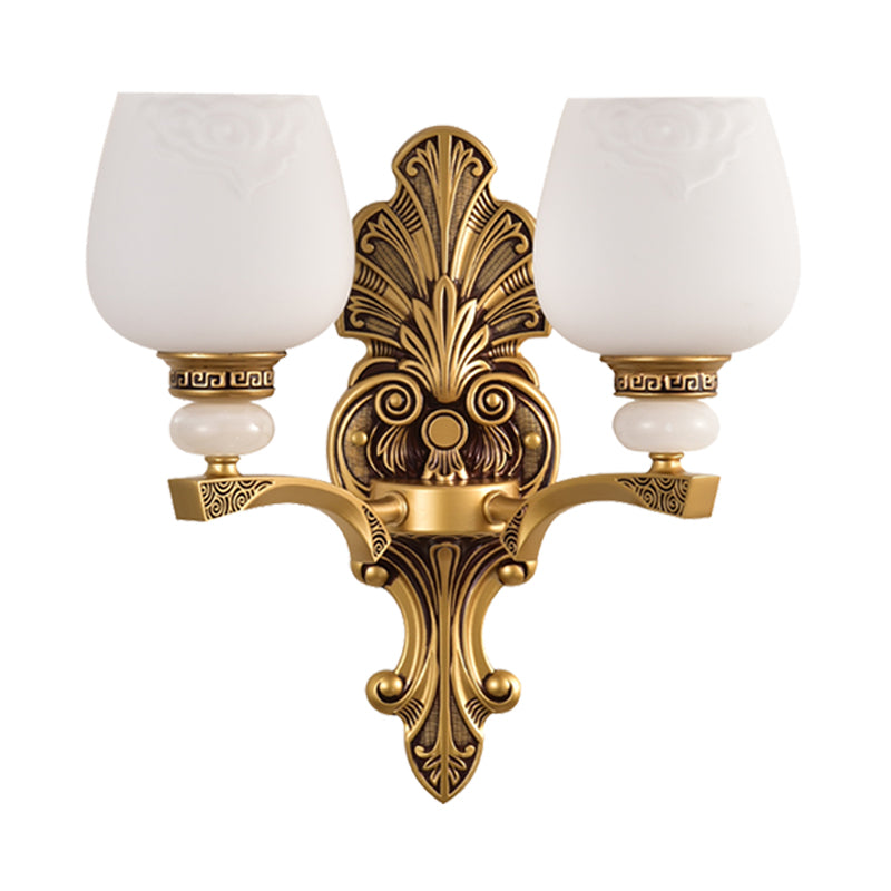 Antiqued White Glass Cup Wall Sconce - Brass 1/2 Heads Mount Lamp For Bedroom Lighting